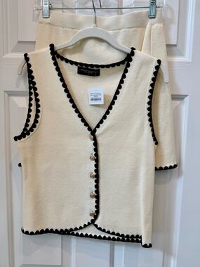 Cream Knit Button Front Vest and Skirt with Black Trim